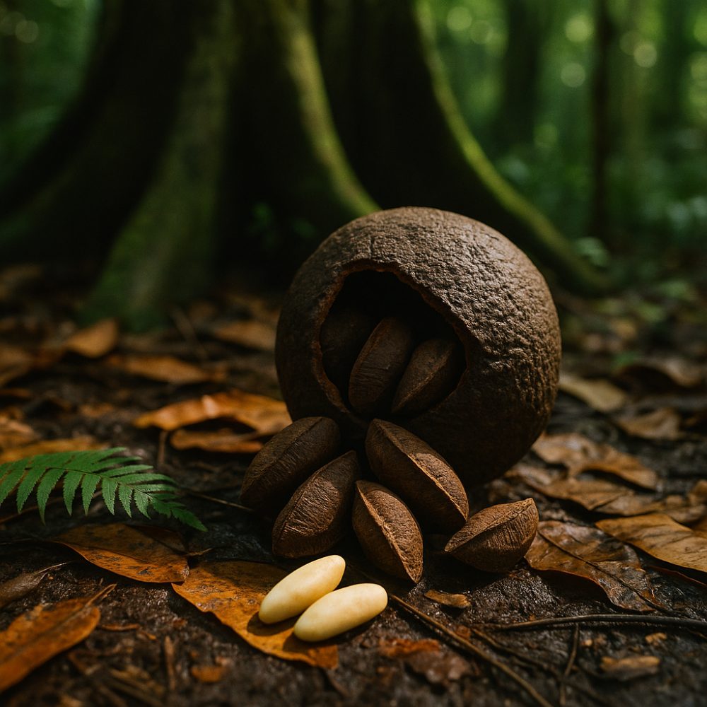 Ouriço de castanha-do-pará aberto no chão da floresta, com as castanhas ainda na casca e duas já descascadas